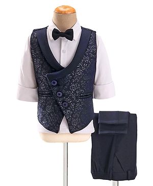Babyhug Woven Full Sleeves Stretch Fit Party Suit With Floral Printed Waist Coat & Bow -Blue