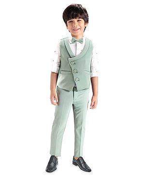 Babyhug Woven Full Sleeves Stretch Fit Party Suit With Waist Coat & Bow - Light Green