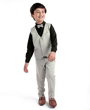 Babyhug Full Sleeves 3 Piece Party Suit with Bow & Stretch Solid Color - Grey & Black