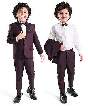 Babyhug Woven Full Sleeves Three Piece Solid Colour Party Suit with Bow - Maroon
