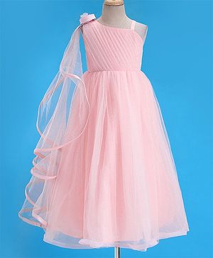Babyhug Sleeveless One Side Ruffle  Mesh Party Frock - Peach