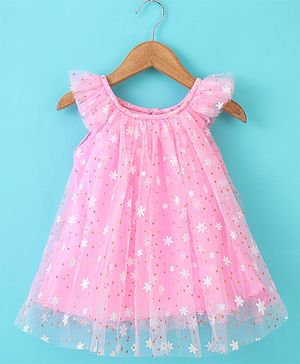 Babyhug Flutter Sleeves a Line Rubber Printed Party Frock - Pink