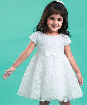 Babyhug Sleeveless Floral Embroidery with Bow Applique Party Frock - White