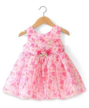 Babyhug Sleeveless Floral Printed Fit & Flare Party Frock with Floral Applique  - Pink