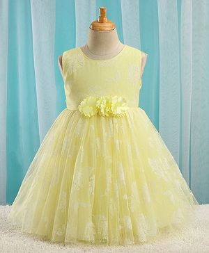 Babyhug Sleeveless Rubber Floral Printed with Corsage Flared Party Frock - Yellow