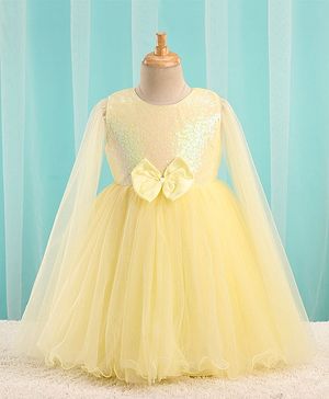 Babyhug Sleeveless Sequinned Yoke Mesh Party Frock With Bow Applique - Yellow
