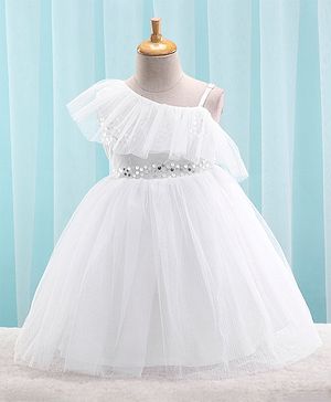 Babyhug Sleeveless Mesh Party Frock with Sequin Detailing - White