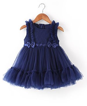 Babyhug Sleeveless Bow Applique  Mesh Party Frock - Navy Blue