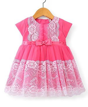 Babyhug Cap Sleeves Lace & Mesh Detailing with Bow Party Frock - Candy Pink