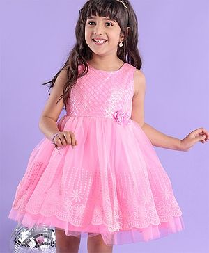 Babyhug Sleeveless Embroidered Party Frock with Sequins Detailing & Floral Applique - Light Pink