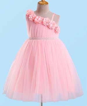 Babyhug Sleeveless Mesh Flared Party Frock  With Floral Corsage - Pink