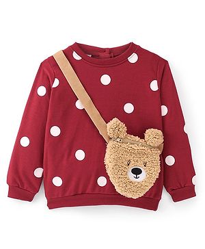 Babyhug Cotton Knit Full Sleeves Polka Dot Printed Sweatshirt & Fur Side Bag - Maroon