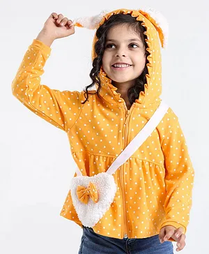 Babyhug Cotton Knit Full Sleeves Hooded Sweatjacket & Fur Bag Detailing - Yellow