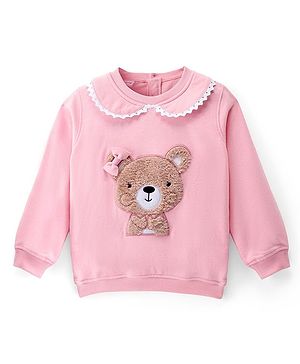 Babyhug Cotton Knit Full Sleeves Lace Peter-Pan Collar Sweatshirt with Fur Bear Detailing - Pink