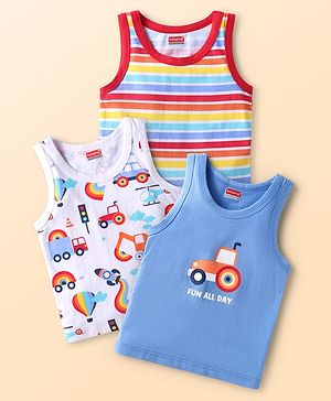 Babyhug 100% Cotton Knit Sleeveless Sando Tractors Print Pack of 3 - Multicolour
