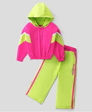 Ollington St. 100% Cotton Winter Wear Butterfly Sleeves Hoodie and Culottes with Color Blocking- Pink & Lime Green