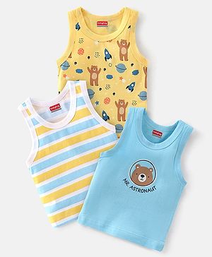 Babyhug 100% Cotton Knit Sleeveless Bear Print Sando Pack of 3 - Multicolour