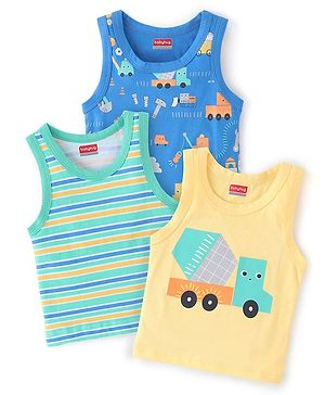 Babyhug 100% Cotton Knit Sleeveless Sando Vehicles Print Pack of 3 - Multicolour