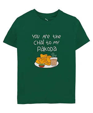 Zeezeezoo Half Sleeves Monsoon Theme You Are The Chai To My Pakoda Text Printed Tee - Forest Green