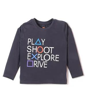 Forever Kids Full Sleeves  Play Shoot Explore Drive Text Graphic Printed Tee - Grey