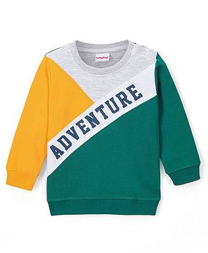 Babyhug Cotton Knit Full Sleeves Cut & Sew Sweatshirt With Text Graphics - Green & Yellow