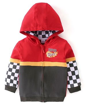 Babyhug Full Sleeves Super Racer Printed Sweatjacket with Zipper & Hood - Red