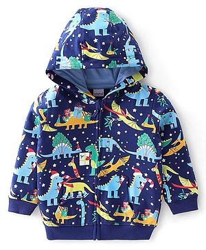 Babyhug Cotton Knit Full Sleeves Sweatjacket With Zipper & Hood Dino Print - Blue