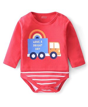 Babyhug 100% Cotton Full Sleeves Onesies With Truck Print - Red
