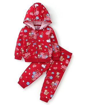 Babyhug Terry Cotton Knit Full Sleeves Hoodie & Lounge Pant Set with Floral Print - Red & Pink
