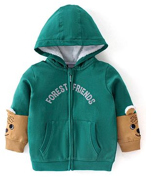 Babyhug Full Sleeves Sweatjacket with Zipper Hood & Fur Detailing on Sleeves - Dark Green