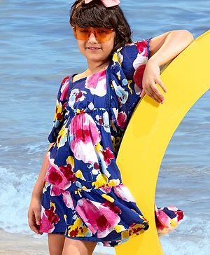 Babyhug Rayon Half Sleeves Frock Floral Print with Lace & Bow Detailing- Blue