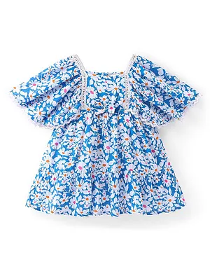 Babyhug Woven Crinkled Rayon Half Sleeves Frock With Lace Detailing Floral Print - Blue