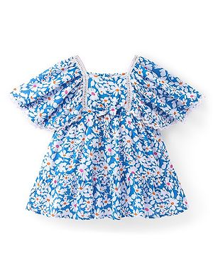 Babyhug Woven Crinkled Rayon Half Sleeves Frock With Lace Detailing Floral Print - Blue