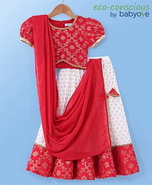 Babyoye Floral Print Half Sleeve Choli With Ghagra & Dupatta - Magenta