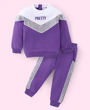 Babyhug Cotton Knit Full Sleeves T-Shirt & Lounge Pant Set with Sequin Detailing - Purple
