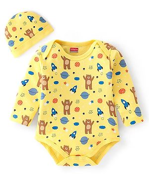 Babyhug 100% Cotton Interlock Knit Full Sleeves Onesie with Cap Bear Print - Yellow