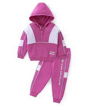 Babyhug 100% Cotton Knit Full Sleeves Hooded T-Shirt & Lounge Pant Set with Text Print - Violet