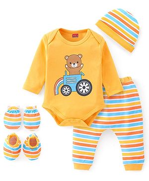 Babyhug 100% Cotton Full Sleeves Onesies  Bear Printed with Striped  Leggings Cap & Mittens Booties - Yellow