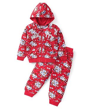 Babyhug 100% Cotton Knit Full Sleeves Hooded Jacket & Lounge Pant Set with Floral Print - Maroon
