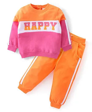 Babyhug 100% Cotton Full Sleeves Text Printed Sweatshirt & Lounge Pant Set - Pink & Orange