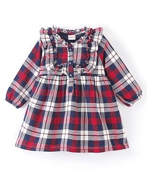 Babyhug Yarn Dyed Checks Full Sleeves Dress With Frill Detailing - Red