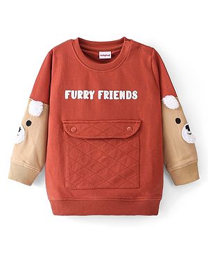 Babyhug Full Sleeves Sweatshirt with Graphics & Fur Detailing - Brown