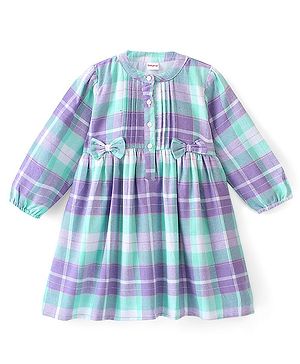 Babyhug Cotton Knit Yarndyed Full Sleeves Frock With Bow Applique Checkered - Lilac & Blue