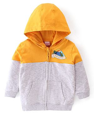 Babyhug Cotton Knit Full Sleeves Hoodie With Quilting Detailing & Text Print - Yellow & Grey