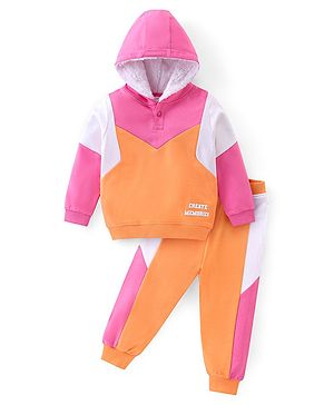 Babyhug 100% Cotton Knit Full Sleeves Hooded Sweatshirt & Lounge Pant Set with Text Print - Pink & Orange