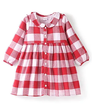 Babyhug Yarn Dyed Checks Full Sleeves Dress With Frill Detailing - Red