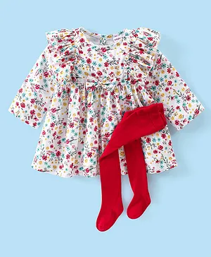 Babyhug Cotton Knit Full Sleeves Frock with Leggings Floral Printed - Blue