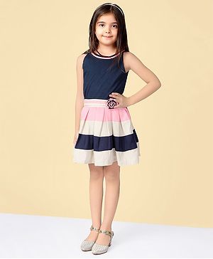 Naughty Ninos  Sleeveless Solid Flared Floral Applique Striped Dress - Navy Blue