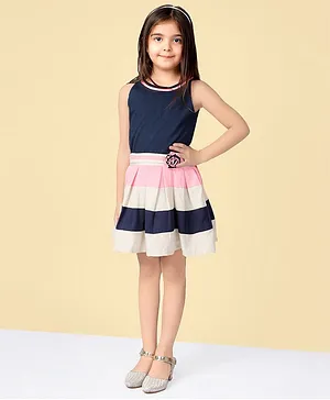Naughty Ninos  Sleeveless Solid Flared Floral Applique Striped Dress - Navy Blue
