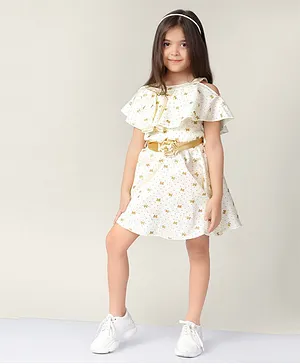 Naughty Ninos Cold Shoulder Sleeves Cotton Butterfly Printed Fit & Flare Dress - White